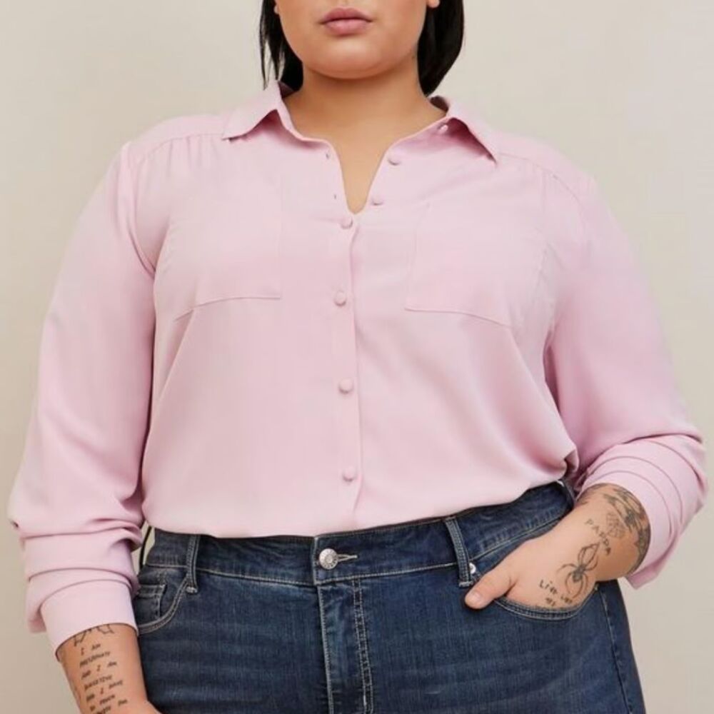 TORRID Madison Crepe De Chine Button-Front Long Sleeve Shirt (2X) Bleached Mauve